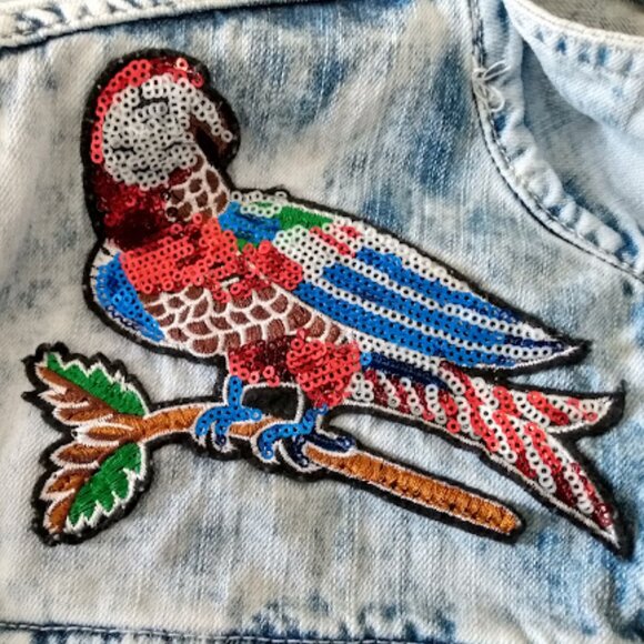 Velvet light Denim Jean Jacket with Sequin Patches Size M - Picture 11 of 12